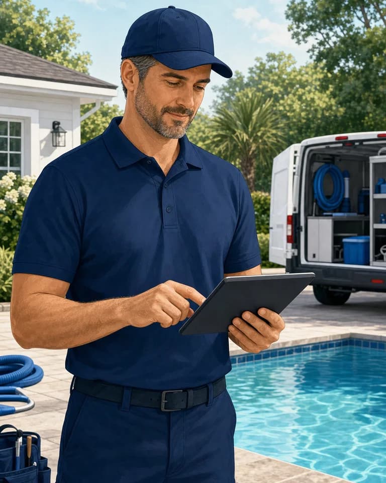 A pool professional beside his service van, completing a report on a tablet